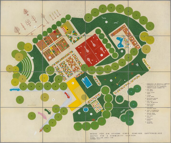 Hahn_Beate_Sketch_for_a_ Community_ Garden_ Beate+ Cornelia_1952.jpg - Der Entwurf einer "Gemeinde-Gartenanlage" von 1952 eine der wenigen gemeinsamen Arbeiten von Beate Hahn und  ihrer Tochter Cornelia. Das Original schenkten die Kinder von Cornelia 2022 dem Archiv der Deutschen Gartenbaubibliothek e.V.