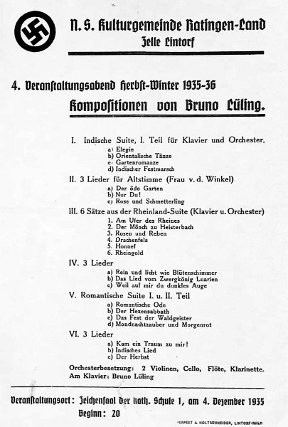 Programmzettel_Lintorf_1935.jpg - Programmzettel für den Veranstaltungsabend der NS Kulturgemeinde Ratingen-Land "Kompositionen von Bruno Lüling" in Lintorf am 4.12.1925, die von einem  Kammerorchester unter der Leitung  des Komponisten aufgeführt wurden. Achtung: Das Hakenkreuz stellt in diesem historischen Dokument eine relevante Information zum historischen Kontext dar. Es wird nicht zur Förderung von NS-Ideologien, Hass oder Diskriminierung verwendet.