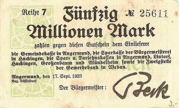 Notgeld_4_1923.jpg - In der Phase der Hyperinflation musste Beck Notgeld für die Bürgermeisterei Angermund herausgeben. Geldschein aus dem Jahr 1923 mit der Unterschrift von Carl Beck.