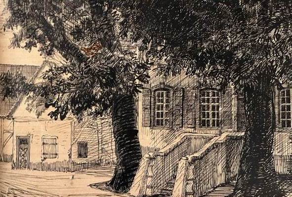 de_Waal_Bürgerhaus.jpg - Cornelis de Waal (1881-1946): Beckmanns Hof. Federzeichnung, 15,5  x 23,5 cm.Unsigniert, aber auf dem Rückseitenkarton von fremder Hand bezeichnet "De Waal: Beckmanns Hof".