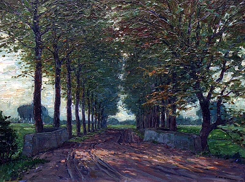de_Waal_Kalkstraße.jpg - Cornelis de Waal (1881-1946):  Baumallee an der Kalkstraße Richtung  Westen (Rahmer Straße)  Öl auf Leinwand, ca. 50 x 60 cm, signiert unten rechts. "C. de Waal".