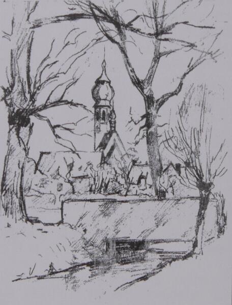 de_Waal_St.Hubertus_Rahm_Bleistiftskizze-1.jpg - Cornelis de Waal (1881-1946): St. Hubertus, Duisburg-Rahm, im Vordergrund der Rahmer Bach. Bleistiftskizze,undatiert und unsigniert.