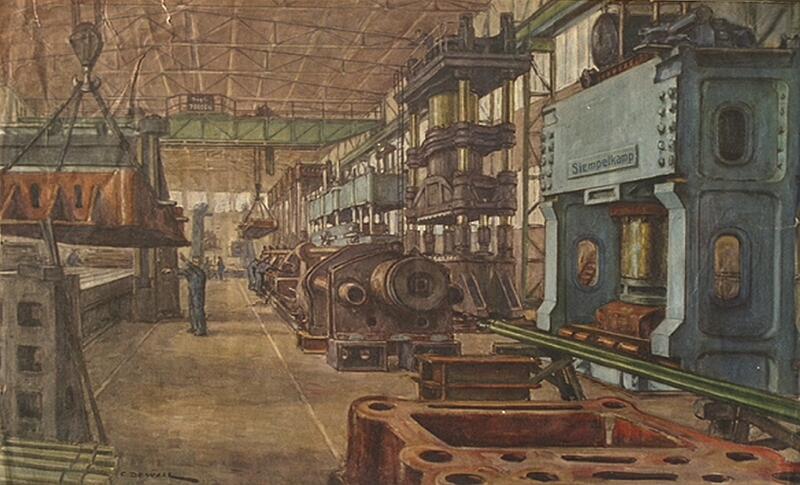 de_Waal_Siempelkamp_Werkshalle.tif - Cornelis de Waal (1881-1946): Werkshalle der Maschinen- und Anlagenfabrik Siempelkamp, Krefeld. Öl auf Leinwand, signiert unten links "C. de Waal".