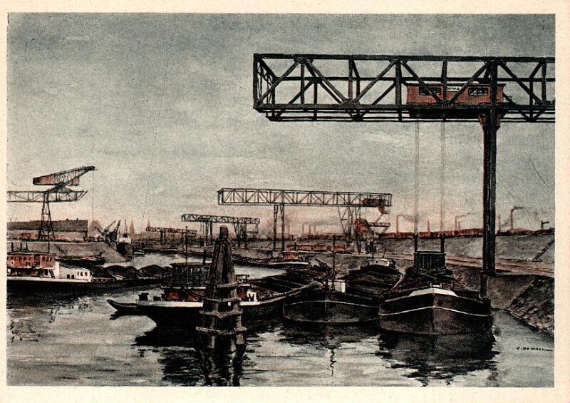 de_Waal_DEMAG_Kohle-Verladeanlage.tif - ^DEMAG-Kohleverladeanlage im Duisburger Hafen. Postkarte nach einem Gemälde von de Waal, signiert unten rechts.