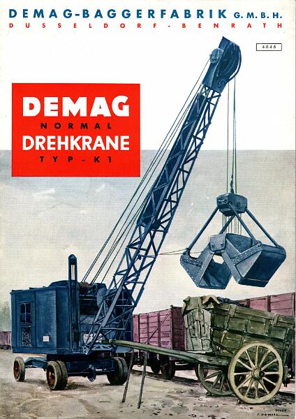 de_Waal_DEMAG_Kran_K1.tif - Vorderseite des Prospekt für den DEMAG-Drehkran K1. Nach einem Gemälde von de Waal, signiert unten rechts.