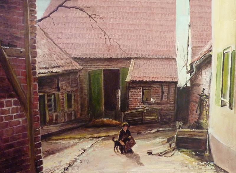 Kramer_Hinterhof_de_Waal.JPG - Jupp Kramer: Hinterhof des de Waal-Hauses mit Ehefrau Hubertine und Hund Möhr. Gemalt nach dem vorhergehenden Foto. Öl auf Leinwand, signiert unten rechts "Jupp Kramer 1983".