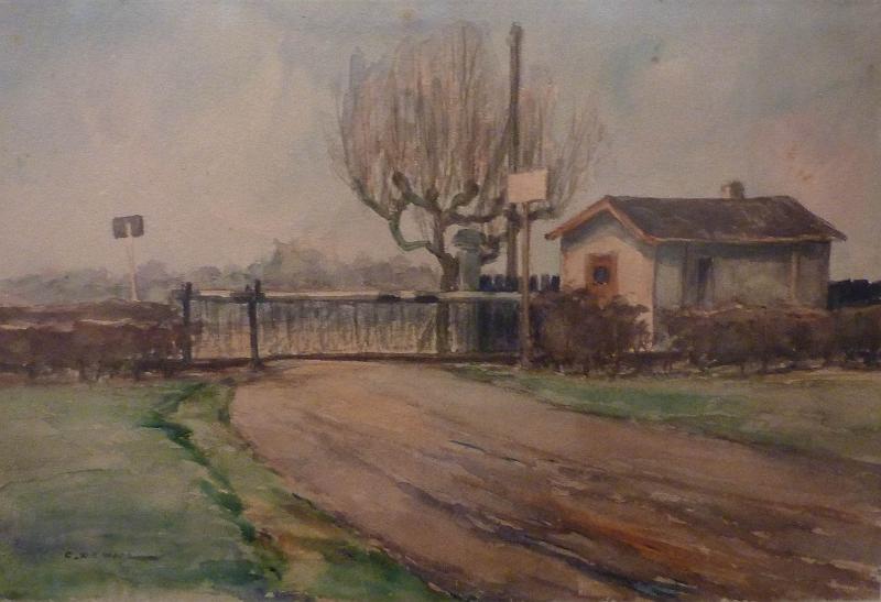 de_Waal_Bahnuebergang.JPG - Cornelis de Waal (1881-1946): Alter Bahnübergang an der Kalkstraße (um 1925). Aquarell, 22,5 x 35 cm,  signiert unten links "C. de Waal".