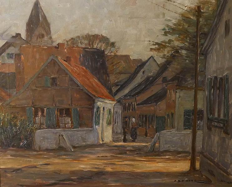 de_Waal_Eingang_Graf-Engelbert-Str._Öl.jpg - Cornelis de Waal (1881-1946): Eingang von Angermund im Sommer. Hinter der Brücke  links: erstes Haus  Kamp, rechts: erstes Haus Monheim, zweites Haus Perpeet, drittes Haus de Waal. (Situation vor dem Jahr 1925, in dem das neue Monheim-Haus erbaut wurde.) Öl auf Leinwand, ca. 40  x 60 cm, signiert unten rechts "C. de Waal".