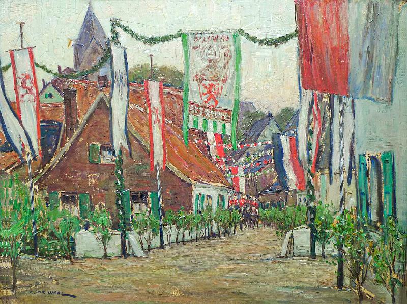 de_Waal_Eingang_von_Angermund_beim Schützenfest.tif - Cornelis de Waal (1881-1946): Eingang von Angermund während des Schützenfests. Öl auf Malkarton, 37,0 x 49,5 cm, undatiert, signiert unten links „C. de Waal“