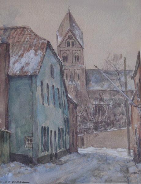 de_Waal_Graf-Engelbert-Str._mit St.Agnes_im_Schnee.jpg - Cornelis de Waal (1881-1946): Graf- Engelbert-Straße mit St. Agnes. Aquarell, 30 x 24 cm, signiert unten links "C. de Waal".