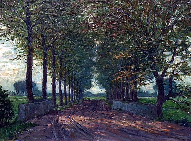 de_Waal_Kalkstraße.jpg - Cornelis de Waal (1881-1946):  Baumallee an der Kalkstraße Richtung  Westen (Rahmer Straße)  Öl auf Leinwand, ca. 50 x 60 cm, signiert unten rechts. "C. de Waal".