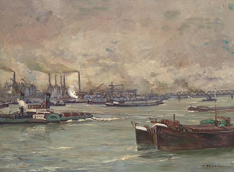 de_Waal_Rhein_bei _Duisburg.jpg - Cornelis de Waal (1881-1946):  Der Duisburger Hafen. Öl auf Leinwand. Signiert unten rechts "C. de Waal".   Das Gemälde  ist auf dem Foto von C. de Waal in seinem Atelier  aus den 1930er Jahren gut zu erkennen.