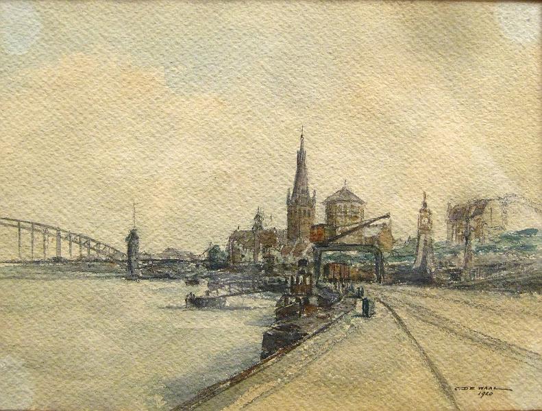 de_Waal_Rheinwerft_Düsseldorf_1920.jpg - Cornelis de Waal (1881-1946): Rheinwerft Düsseldorf, Aquarell  auf Bütten, 18,5 x 25 cm, signiert und datiert unten rechts "C. de Waal 1920"