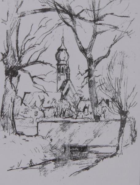 de_Waal_St.Hubertus_Rahm_Bleistiftskizze-1.jpg - Cornelis de Waal (1881-1946): St. Hubertus, Duisburg-Rahm, im Vordergrund der Rahmer Bach. Bleistiftskizze,undatiert und unsigniert.