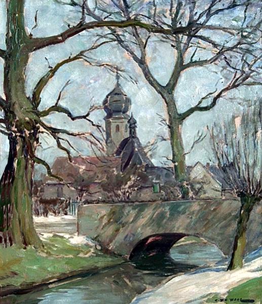 de_Waal_St.Hubertus_Rahm_Gemälde.jpg - Cornelis de Waal (1881-1946): St. Hubertus, Duisburg-Rahm, im Vordergrund der Rahmer Bach. Öl auf Leinwand, ca. 60 x 80 cm, signiert unten rechts "C. de Waal".