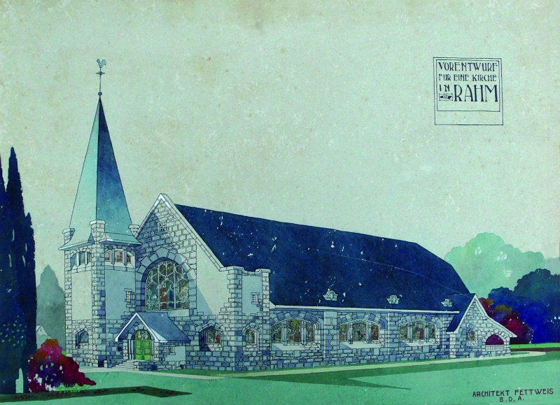 Entwurf_Rahmer_Kirche.jpg - Um 1910. Entwurf für eine Kirche in Rahm (nicht verwirklicht). Aquarell, oben und unten rechts bezeichnet. Besitz der Kath. Kirchengemeinde St. Hubertus, Duisburg-Rahm