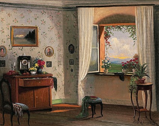 Biedermeierliche_Stube.jpg - Interieur einer biedermeierlichen Stube mit Fensterdurchblick. Öl auf Leinwand, 42 x 53 cm, signiert unten rechts "Rud. Klingsbögl".