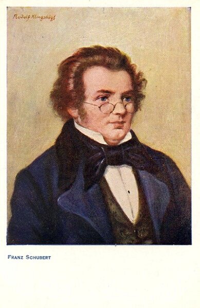 Franz_Schubert_Künstlerpostkarte.jpg - Franz Schubert. Oben links signniert "Rudolf Klingsbögl". Künstlerpostkarte aus dem Verlag W.J. Knoch, Wien 1920er Jahre.