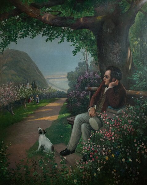 Franz_Schubert_mit_Hund.jpg - Franz Schubert mit seinem Hund. Öl auf Leinwand, 170 x 140 cm, signiert und datiert unten links "Rudolf Klingsbögl 1925":