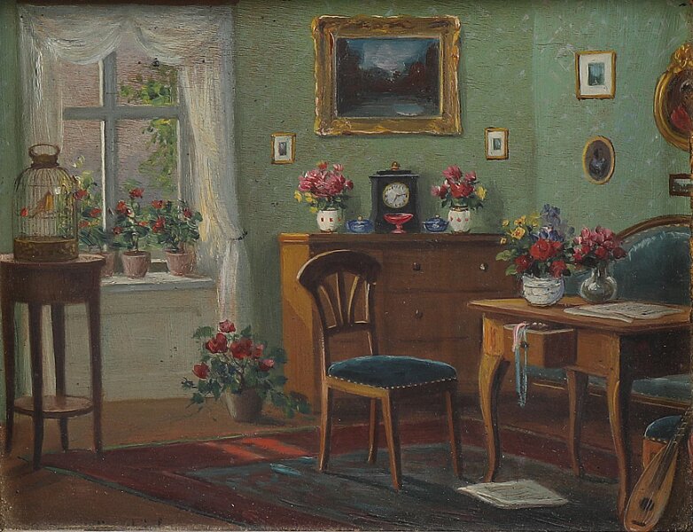 Interieur_2.jpg - Interieur mit Laute. Öl auf Holz, ca. 13 x 15 cm, signiert unten links "Rudolf Klingsbögl",