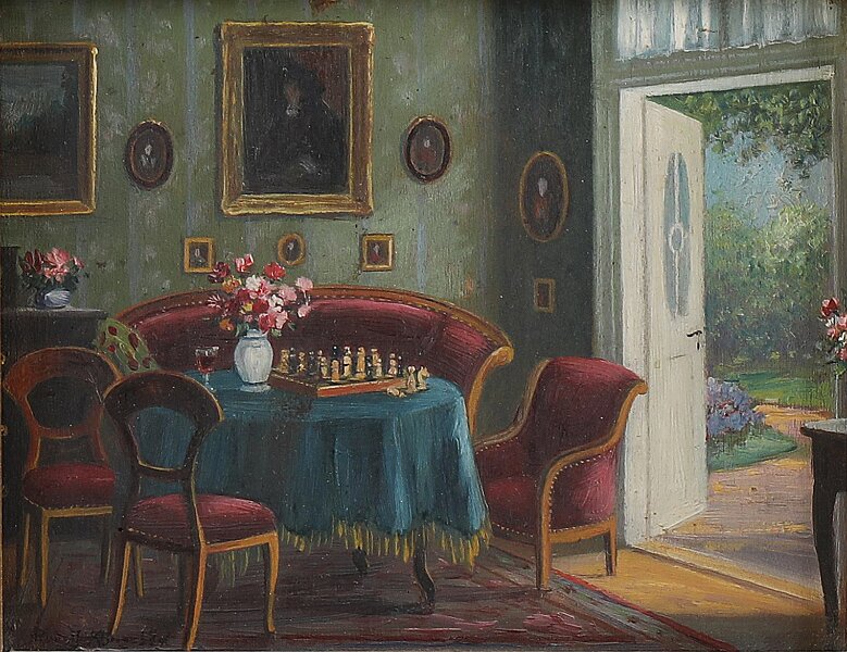 Interieur_3.jpg - Interieur mit Schachspiel. Öl auf Holz, ca. 13 x 15 cm, signiert unten links "Rudolf Klingsbögl",