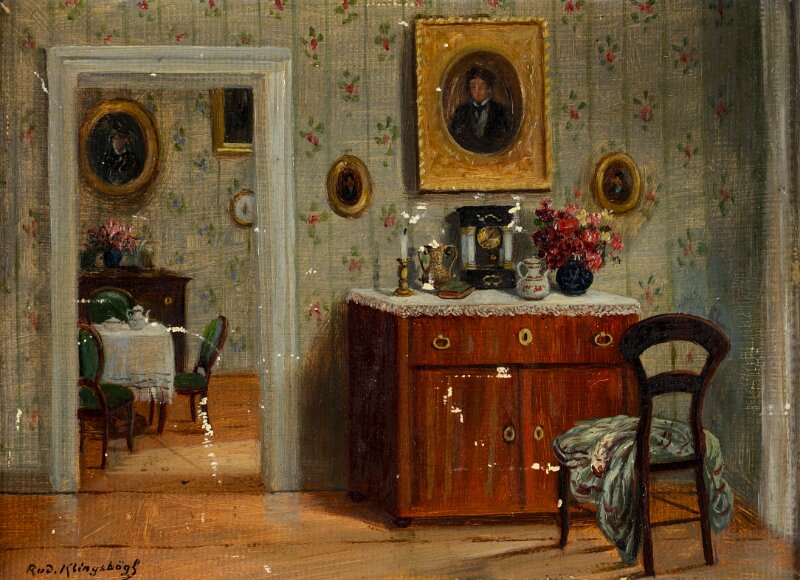 Interieur_4.jpg - Interieur. Öl auf festem Karton, ca. 17,5 x 24,3 cm, mit Farb-Fehlstellen, signiert unten links "Rud. Klingsbögl".