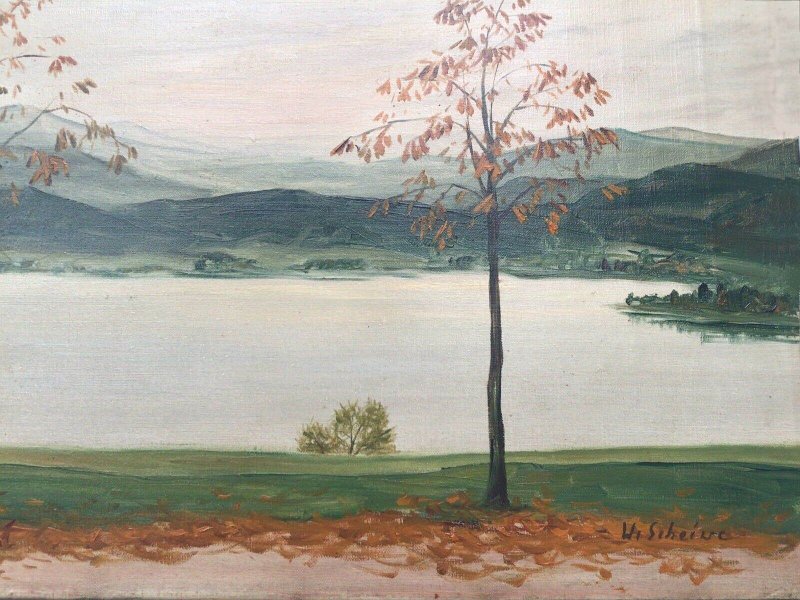 Herbstlandschaft.jpeg - Herbstlandschaft am Fluss. Öl auf Leinwand, Maße unbekannt, signiert unten rechts" W. Scheiwe".