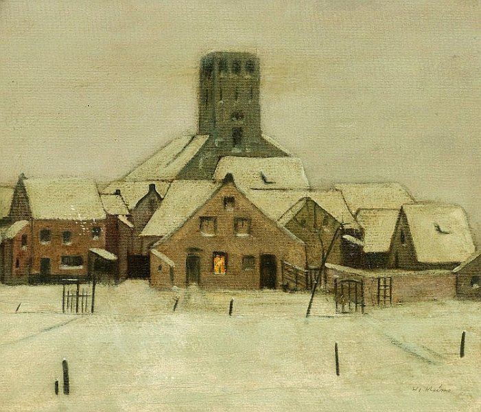 Kirchdorf.jpg - Kirchdorf im Winter. Öl auf Leinwand, auf Karton gezogen, 47 x 55 cm, signiert unten rechts "W. Scheiwe"