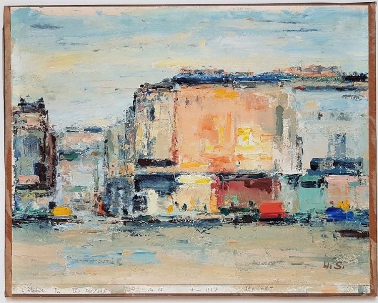 Memories_of_a_city_.jpg - Erinnerungen an eine Stadt (Kansas City?) 1967. Öl auf Papier,  59 x 68 cm, monogrammiert unten rechts "WS".