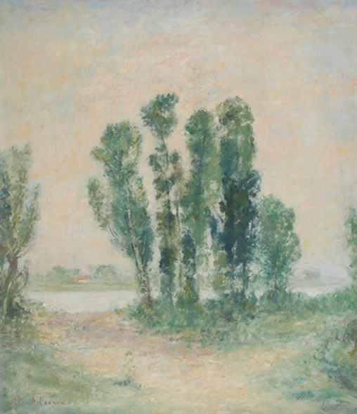 Niederrheinische_Landschaft_ca_1922.png - Niederrheinische Landschaft. (Blick auf Mönchenwerth?)Ca. 1922,  Öl auf Malkarton, 62 × 53 cm, signiert unten links "W. Scheiwe".