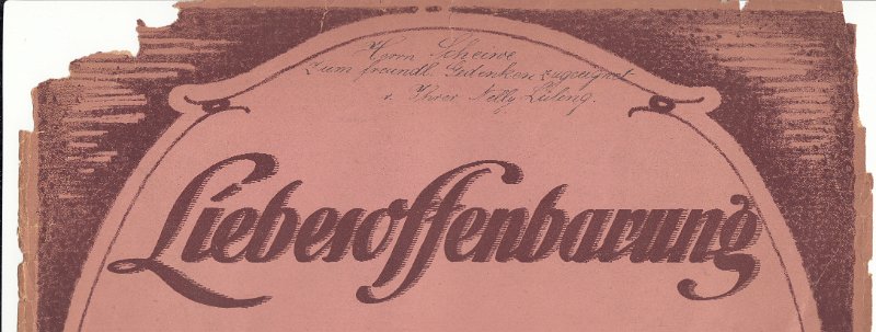 Opus_97_Widmung.jpg - "Herrn Scheiwe zur freundl. Einnerung zugeeignet v. Ihrer Nelly Lüling."  Die Widmung der Cellistin Nelly Lüling (* 1904) auf einem Notenheft befindet sich in Privatbesitz. Nellys Vater  Bruno  Lüling hatte das Kunstlied Liebesoffenbarung 1921 als Opus 97 im Musikverlag Franz Suppan, Düsseldorf, veröffentlicht.