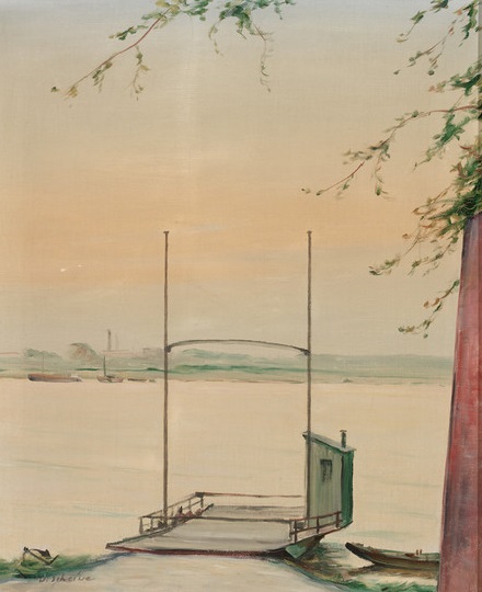 Rheinlandschaft_im_dunstigen_ Licht.jpg - Rheinlandschaft im dunstigen Licht, im Vordergrund eine Fähre. Öl auf Leinwand,  60 x 50 cm, signiert unten links "W. Scheiwe".