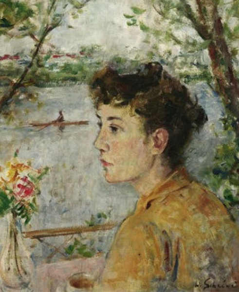 junge_Dame.PNG - Porträt einer jungen Dame auf einer Uferterrasse. Öl auf Malkarton, 58 x 49 cm, signiert unten rechts "W. Scheiwe".